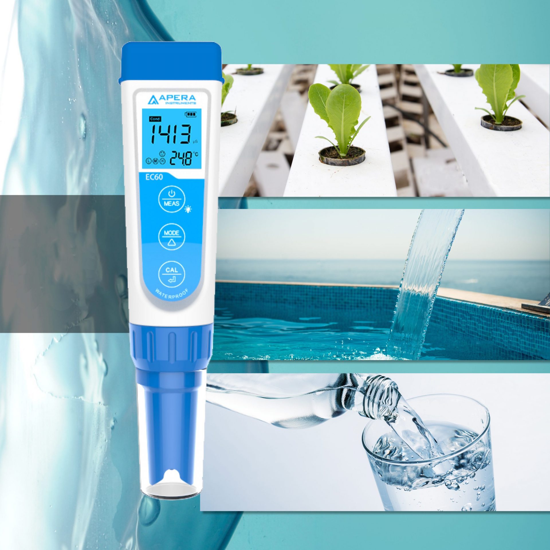 Easy Switch of EC/TDS/Salinity Apera Instruments EC60 Premium Waterproof Conductivity Pocket Tester Replaceable BPB Sensor ±1% F.S Accuracy